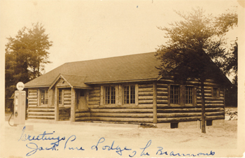 Legend has it that Blaine Brannon won the original Jack Pine Lodge in a poker game in 1936.  Then in 1945, he build a new lodge only a few feet from the original one on M94.  The newer lodge is much the same as when Brannon built it from the material gathered around the area.  All the beautiful wood interiors were created with wood cut from the area.  